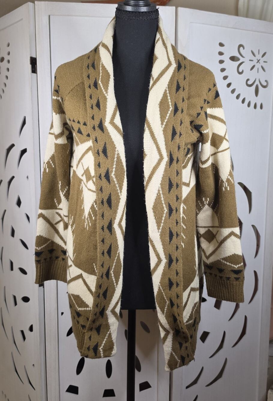 Escio Womens Aztec Boho Western Long Sleeve Brown & White Cardigan Size XL